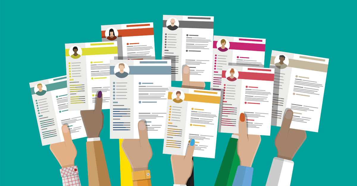 Illustration of lots of different hands holding CVs