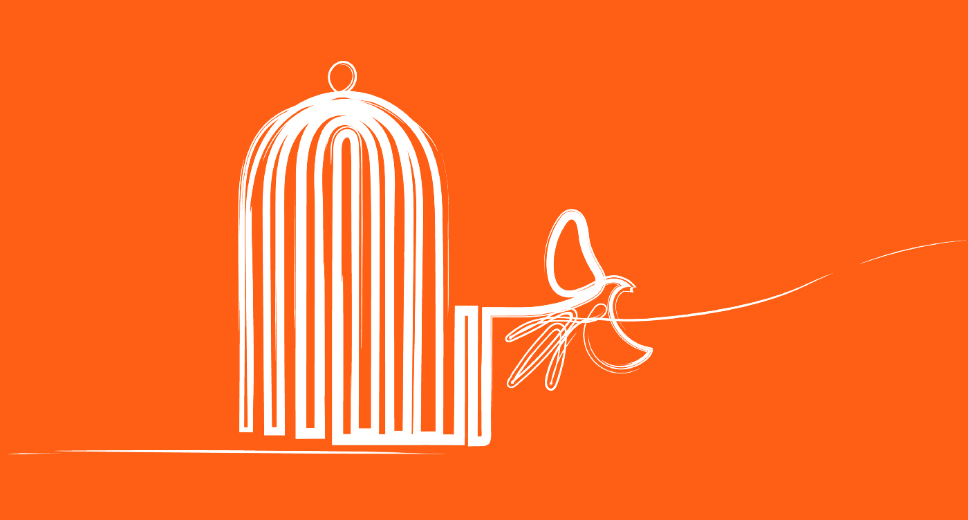 White line art of bird flying out of cage