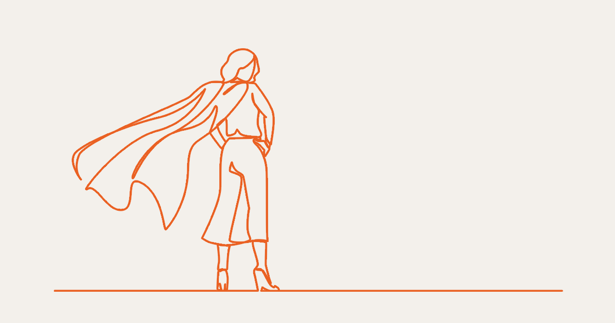 Orange line art of woman wearing a cape