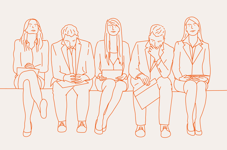 Orange line art of people waiting for an interview