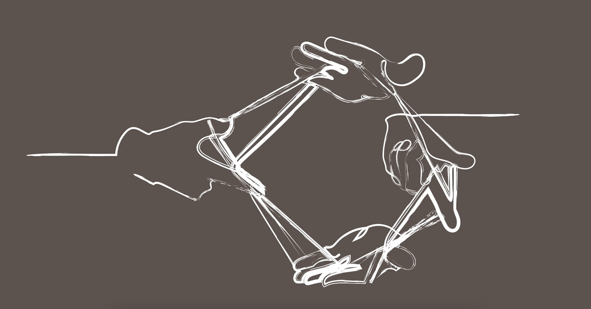 White line art of strings tying hands together