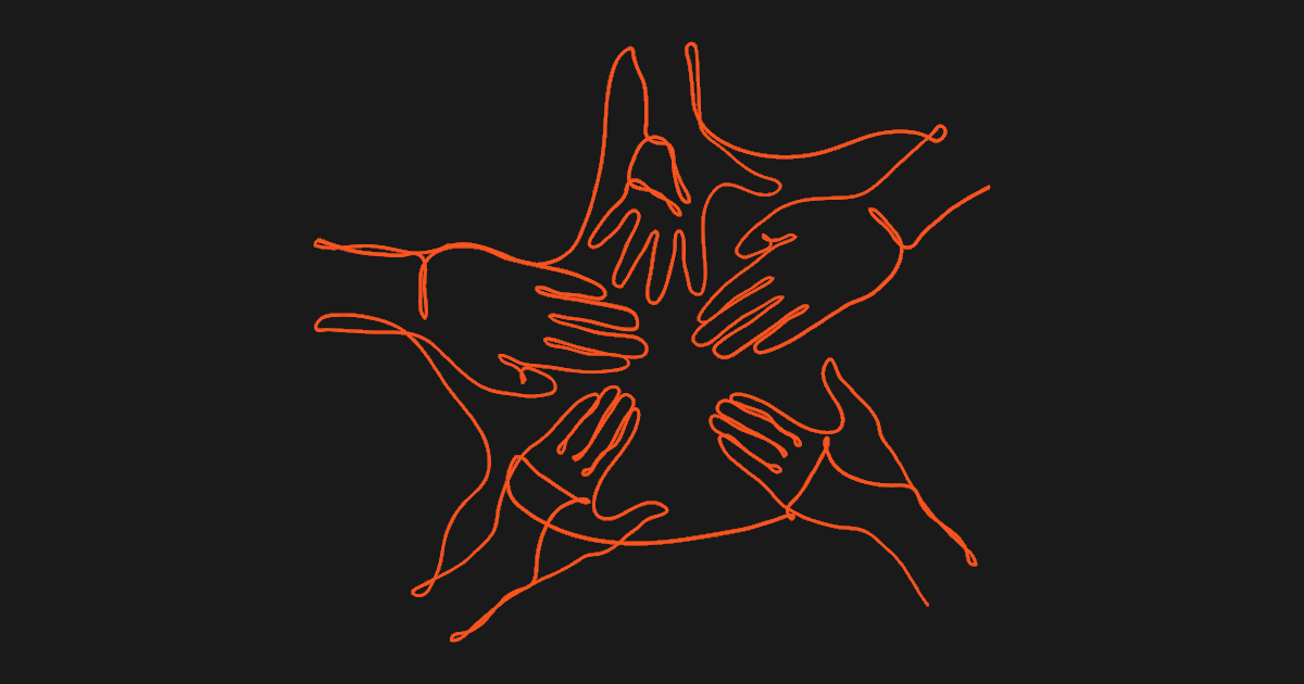 Orange line art of open hands facing palm up