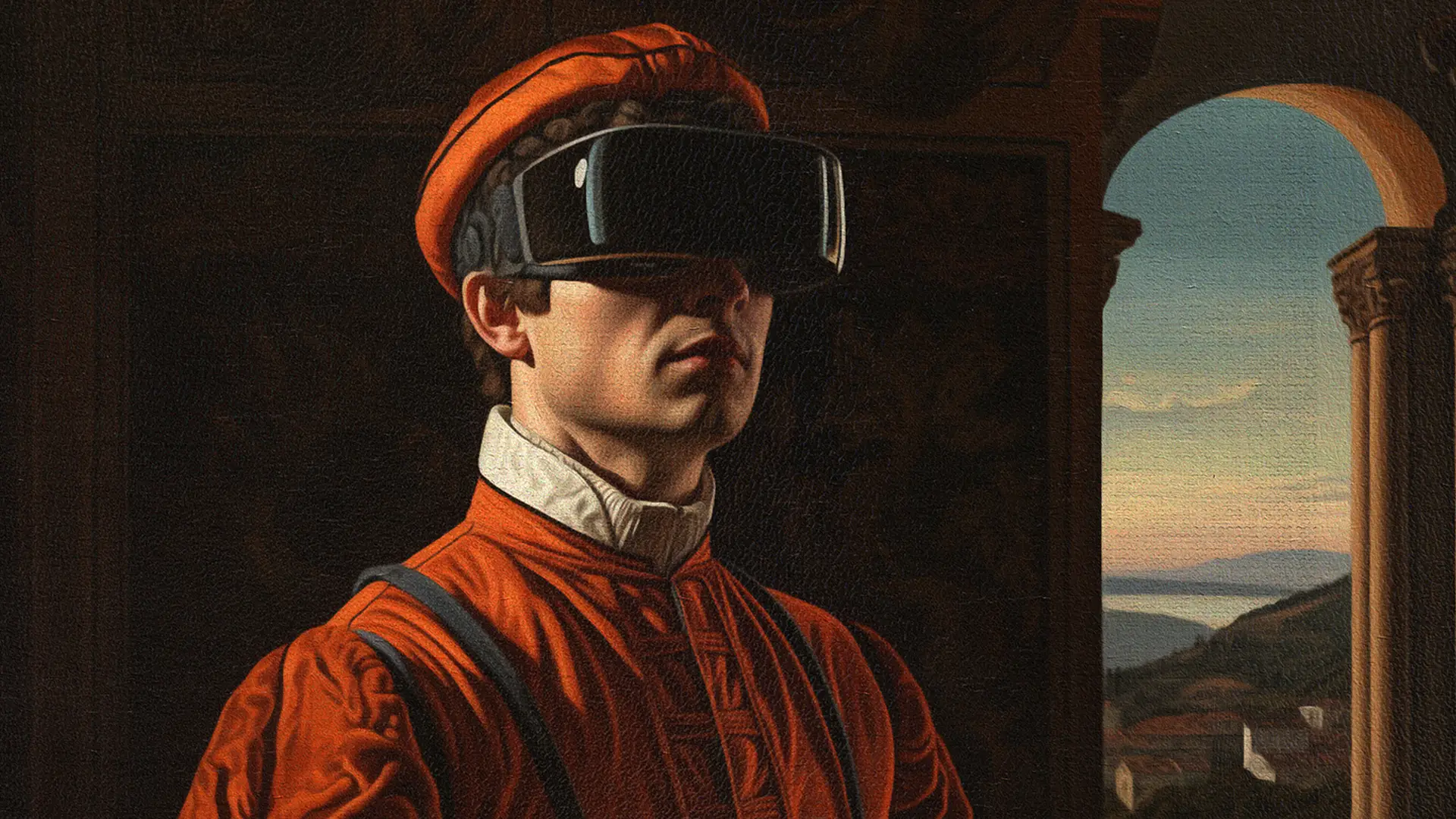 Renaissance man wearing VR headset