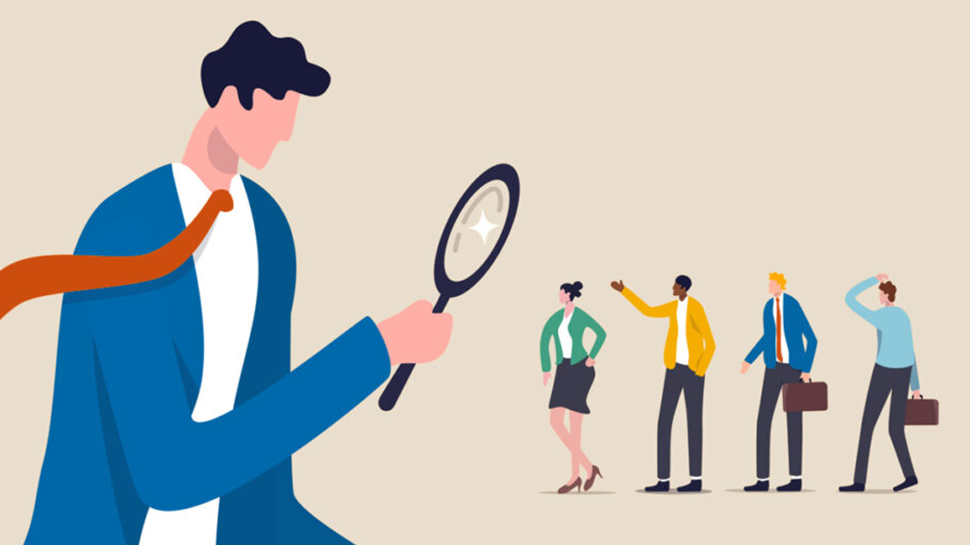 Illustration of man inspecting different candidates through magnifying glass