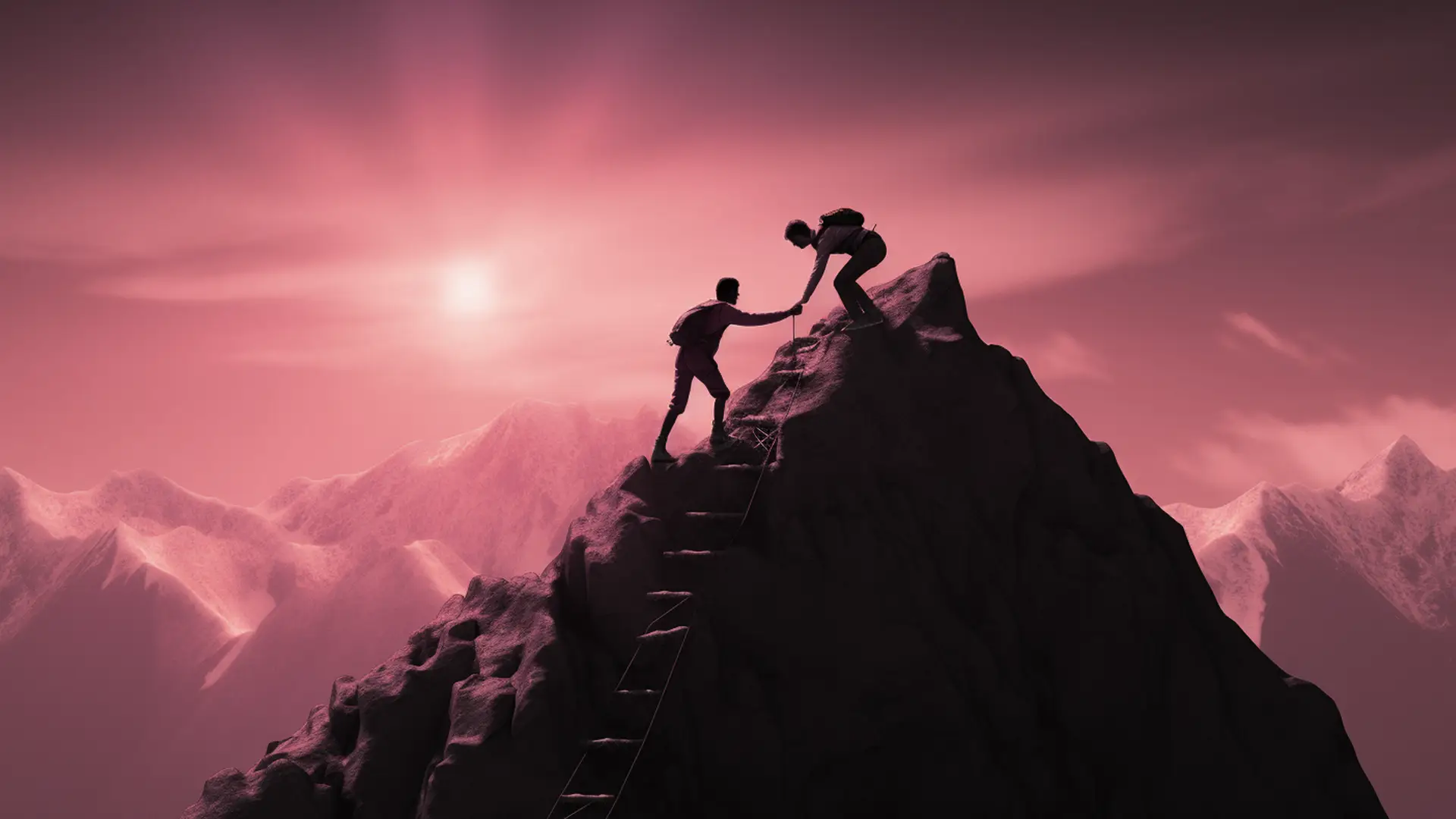 Person helping someone get to the top of a mountain