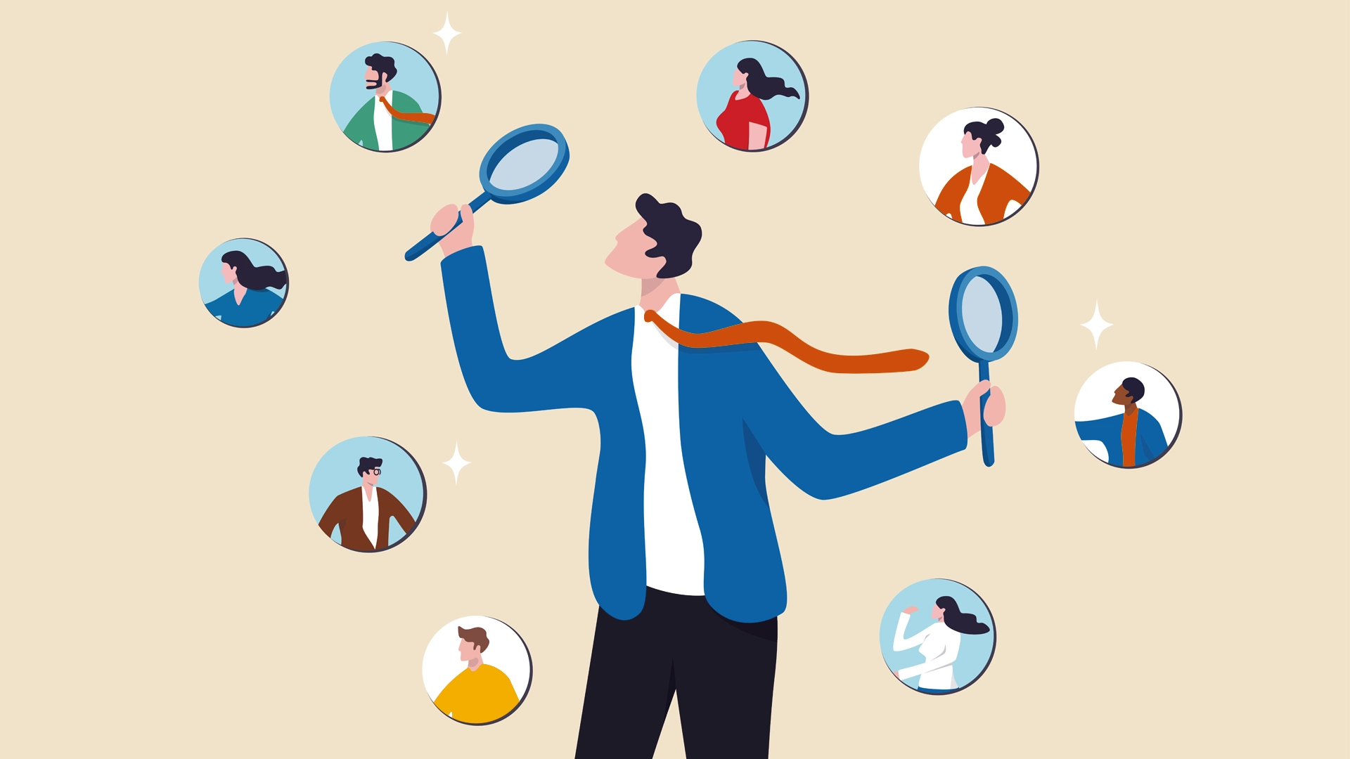 Illustration of person looking at floating heads through magnifying glasses