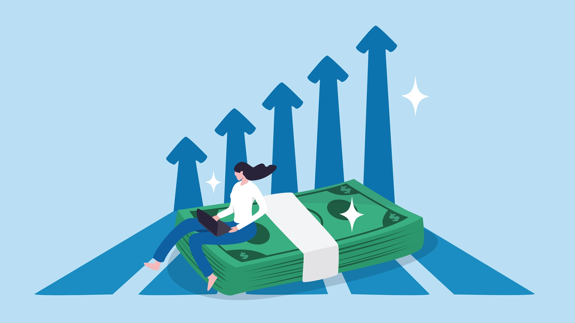 Illustration of person working on laptop sat on money with upward trend graph background