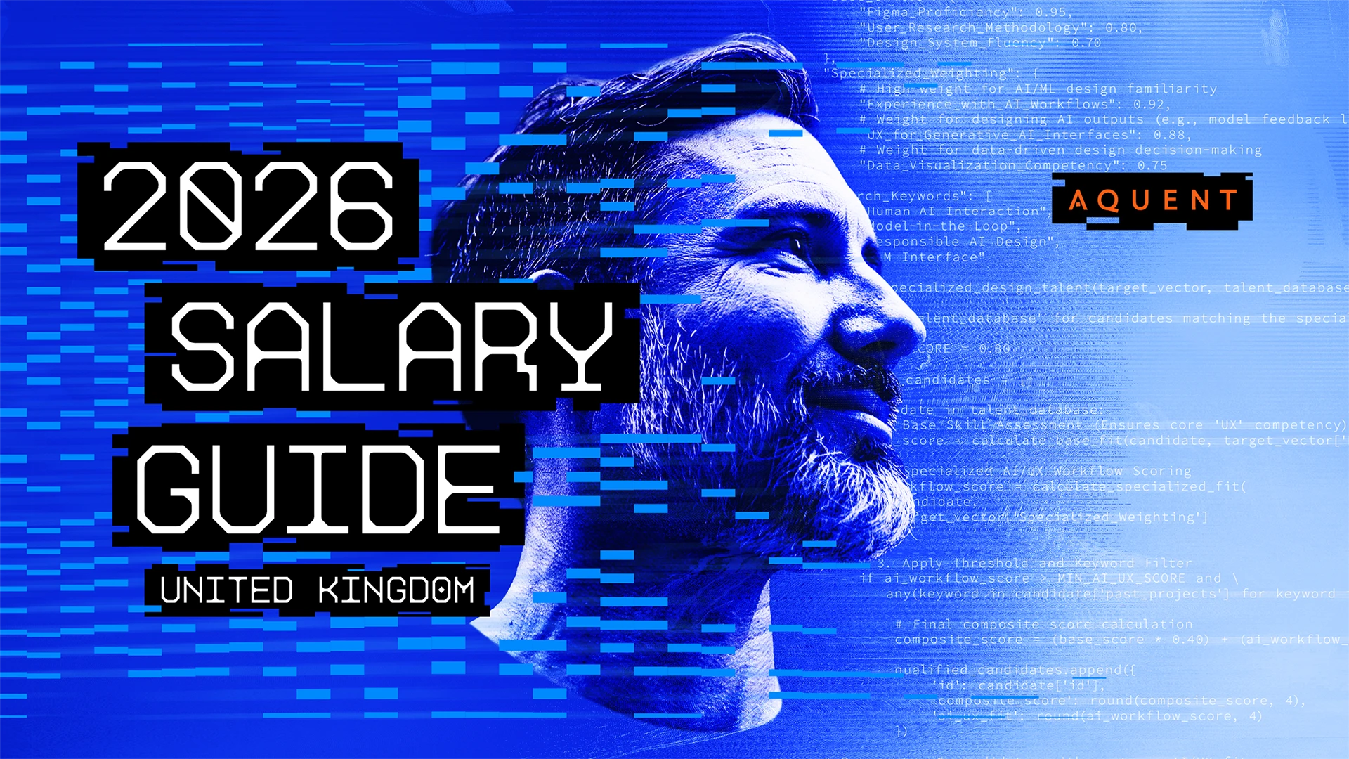 Digital graphic for the Aquent 2026 Salary Guide United Kingdom, featuring a blue-toned profile of a bust of a smiling man overlaid with code and glitch-style typography.