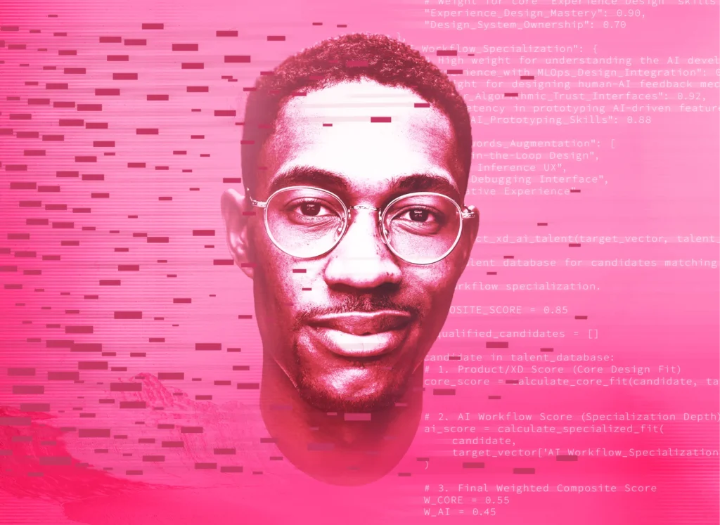 A vibrant pink and white-toned portrait of a man wearing glasses, looking directly at the camera. The image is overlaid with digital glitch patterns and faint lines of programming code related to AI and design talent evaluation.