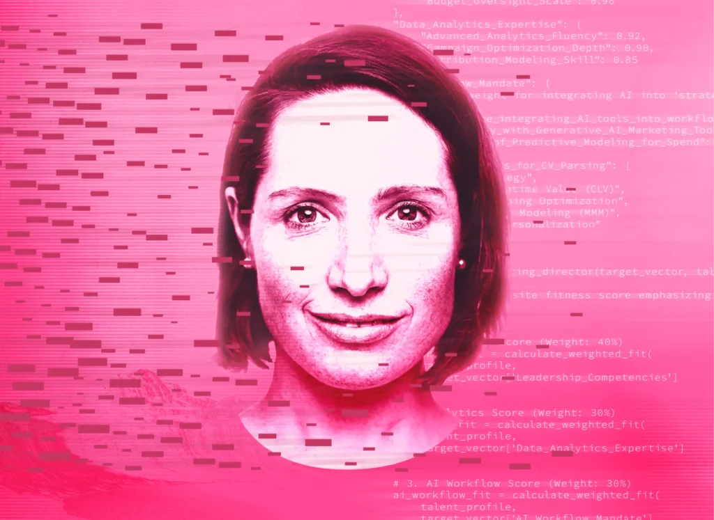 A vibrant pink and white-toned portrait of a woman smiling, looking directly at the camera. The image is overlaid with digital glitch patterns and faint lines of programming code related to AI data analytics and leadership competencies.