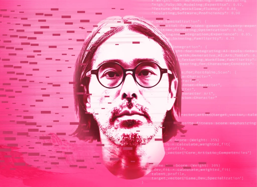 A vibrant pink and white-toned portrait of a man with long hair and glasses, looking directly at the camera. The image is overlaid with digital glitch patterns and faint lines of programming code related to 3D modeling, game development, and AI artistic competencies.